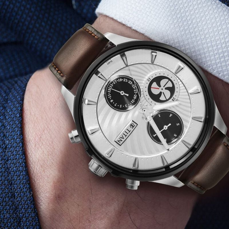 Titan Maritime White Dial Quartz Multifunction Leather Strap Watch for Men NS1873KL01