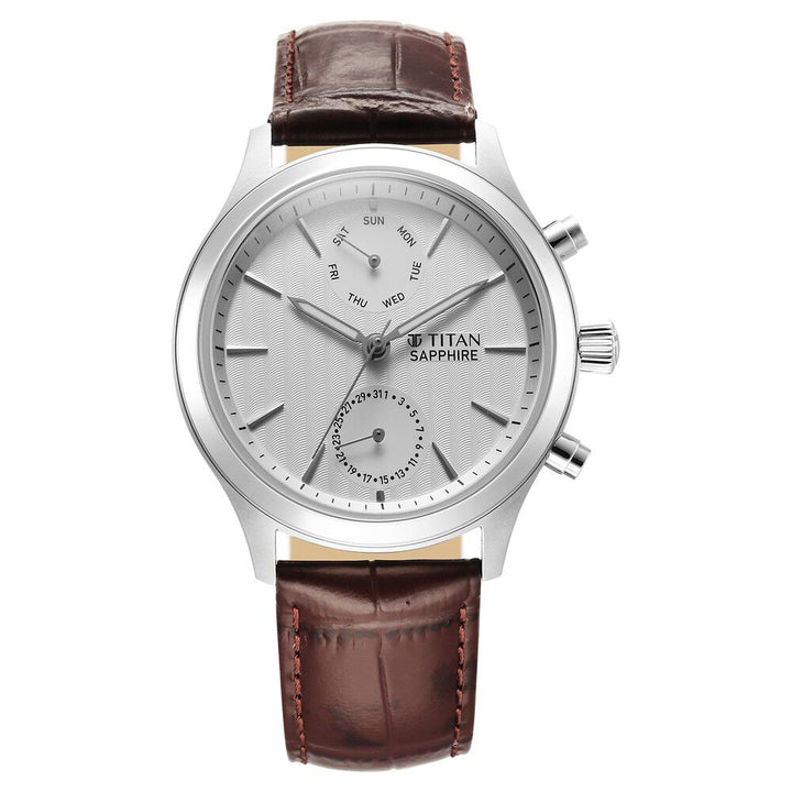Titan Sapphire Multifunction Quartz Analog with Day and Date White Dial Leather Strap Watch for Men - The Watch Factory ®