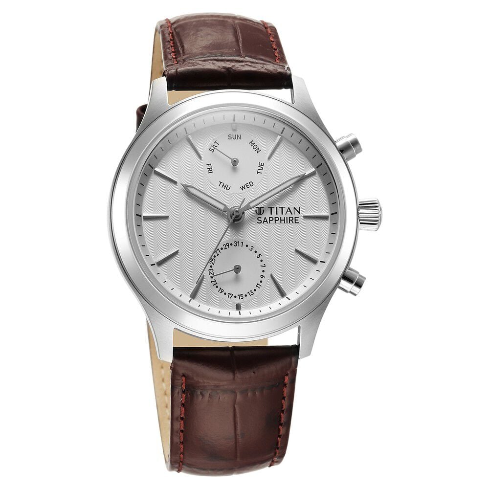 Titan Sapphire Multifunction Quartz Analog with Day and Date White Dial Leather Strap Watch for Men - The Watch Factory ®