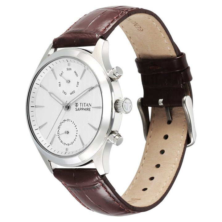 Titan Sapphire Multifunction Quartz Analog with Day and Date White Dial Leather Strap Watch for Men - The Watch Factory ®