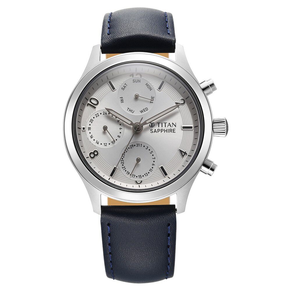 Titan Sapphire Quartz Multifunction Silver Dial Leather Strap Watch for Men - The Watch Factory ®