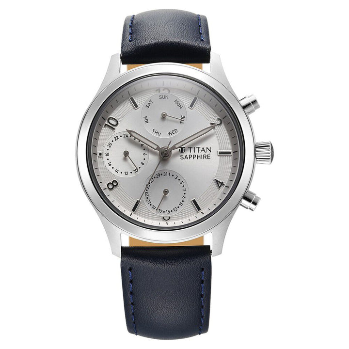 Titan Sapphire Quartz Multifunction Silver Dial Leather Strap Watch for Men - The Watch Factory ®