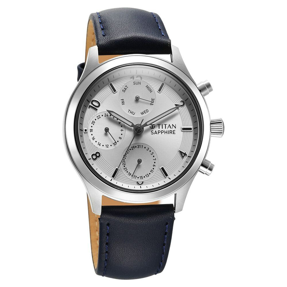 Titan Sapphire Quartz Multifunction Silver Dial Leather Strap Watch for Men - The Watch Factory ®