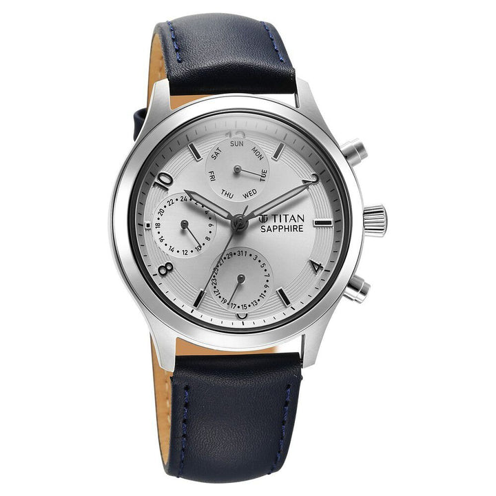 Titan Sapphire Quartz Multifunction Silver Dial Leather Strap Watch for Men - The Watch Factory ®
