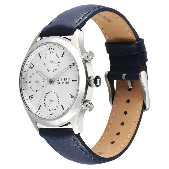 Titan Sapphire Quartz Multifunction Silver Dial Leather Strap Watch for Men - The Watch Factory ®