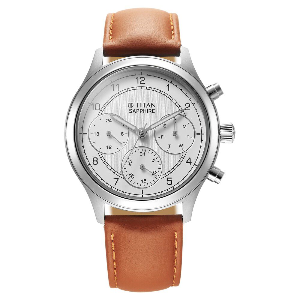 Titan Sapphire Quartz Multifunction White Dial Leather Strap Watch for Men - The Watch Factory ®
