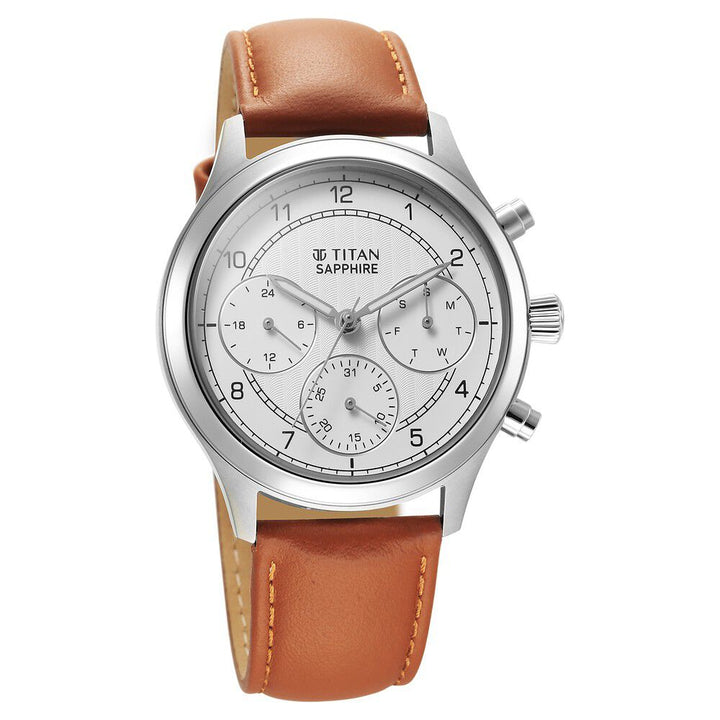 Titan Sapphire Quartz Multifunction White Dial Leather Strap Watch for Men - The Watch Factory ®
