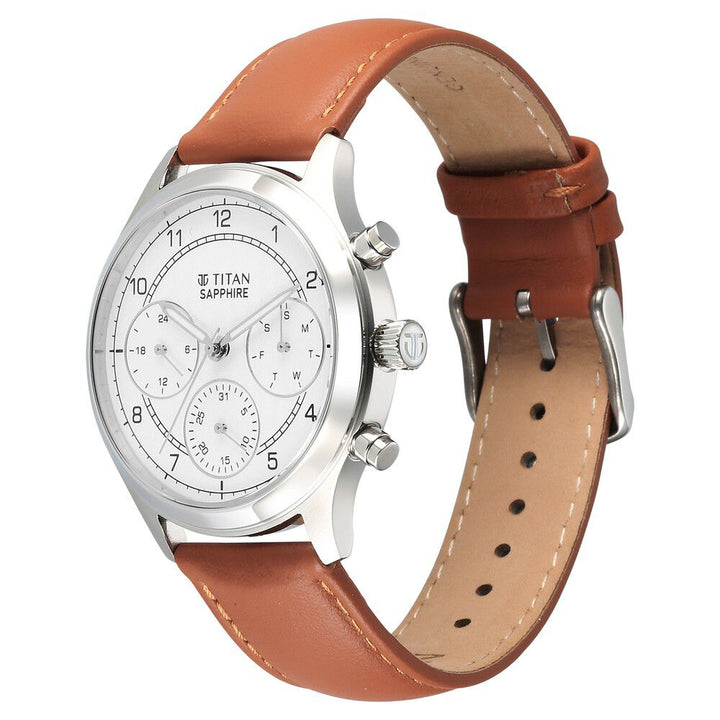 Titan Sapphire Quartz Multifunction White Dial Leather Strap Watch for Men - The Watch Factory ®