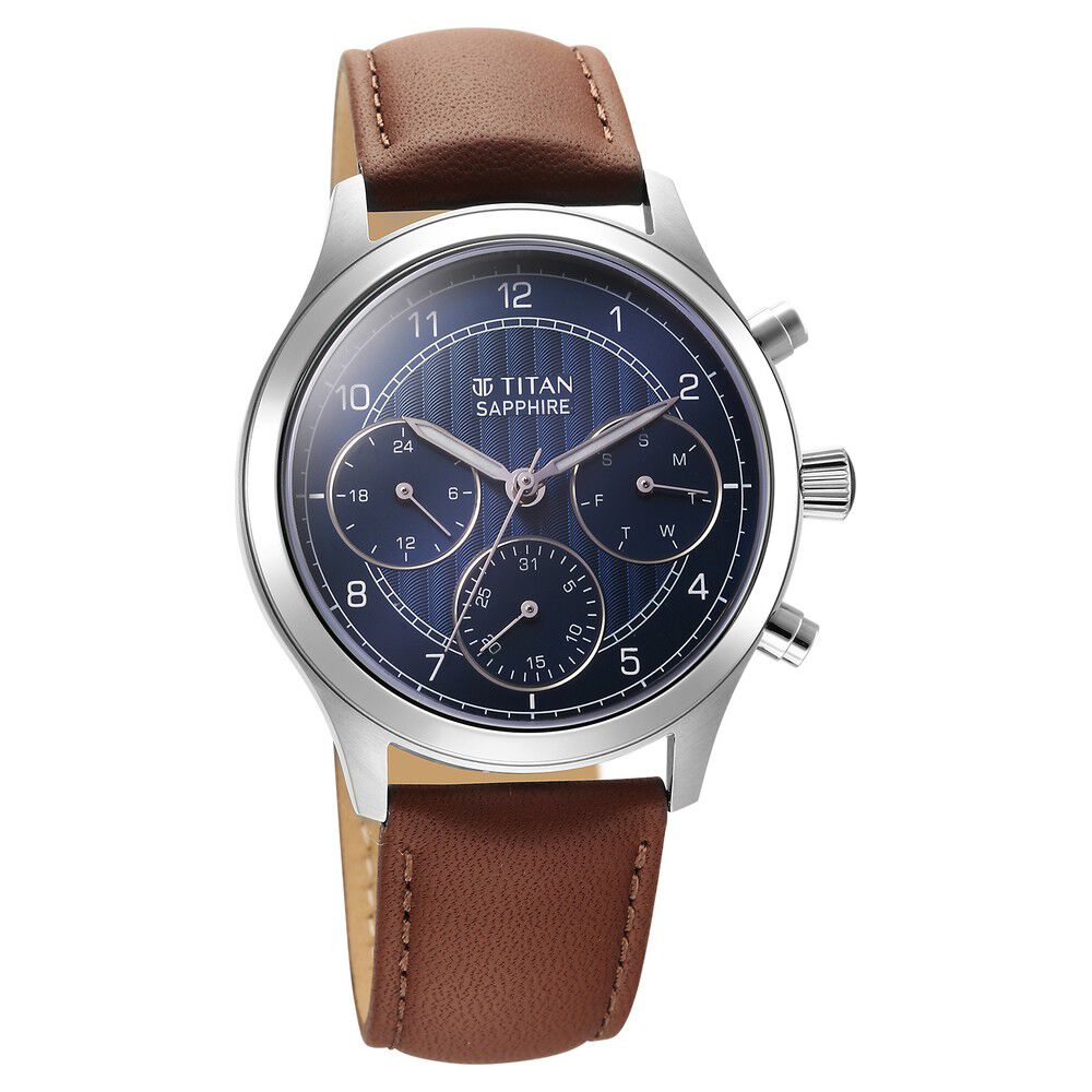 Titan Sapphire Quartz Multifunction Blue Dial Leather Strap Watch for Men - The Watch Factory ®