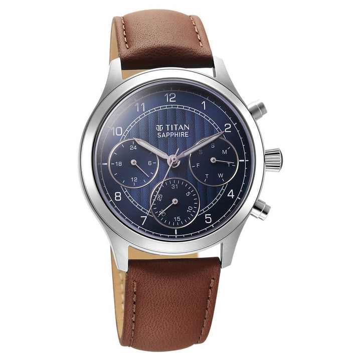 Titan Sapphire Quartz Multifunction Blue Dial Leather Strap Watch for Men - The Watch Factory ®