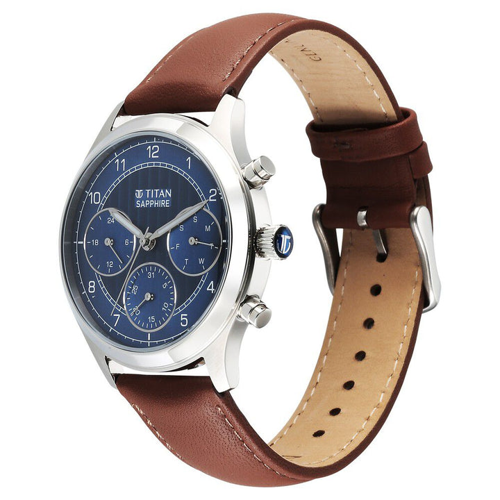 Titan Sapphire Quartz Multifunction Blue Dial Leather Strap Watch for Men - The Watch Factory ®
