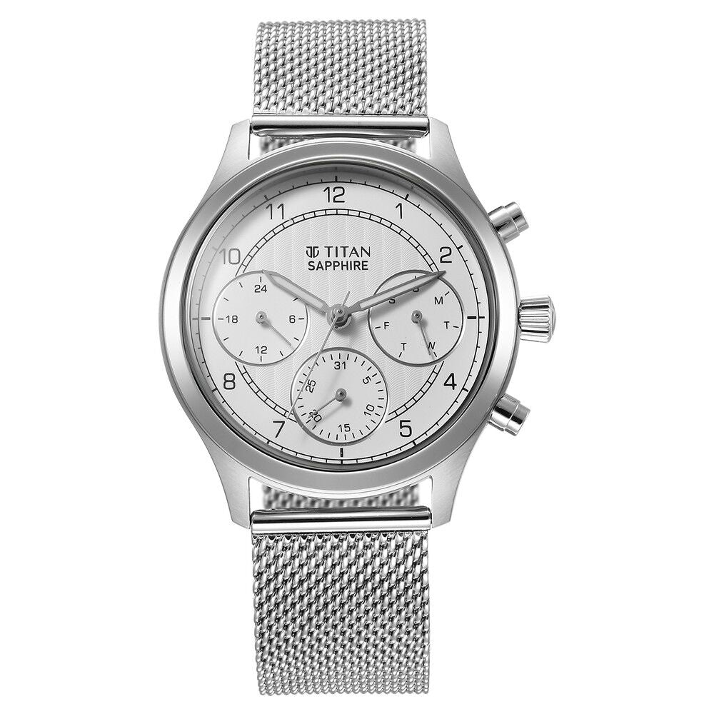 Titan Sapphire Quartz Multifunction White Dial Stainless Steel Strap Watch for Men - The Watch Factory ®