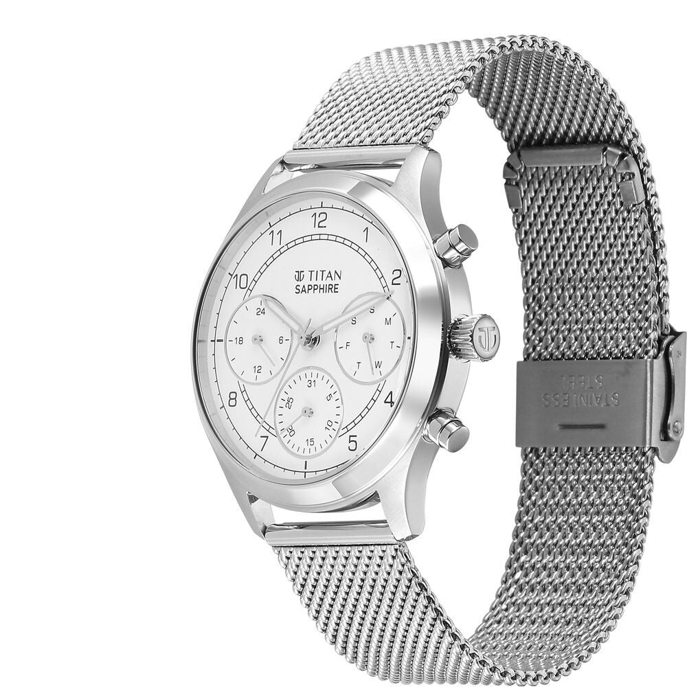 Titan Sapphire Quartz Multifunction White Dial Stainless Steel Strap Watch for Men - The Watch Factory ®