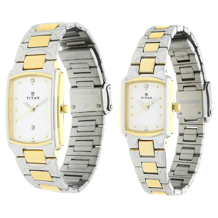 Titan Quartz Analog with Date White Dial Stainless Steel Strap Watch for Couple - The Watch Factory ®