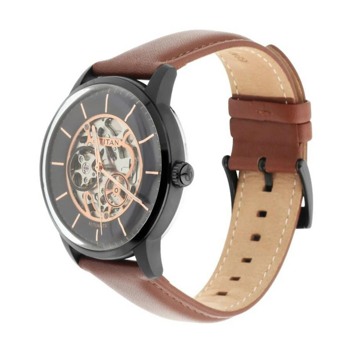 Titan Automatic Watch with Black Dial & Tan Strap NP90110NL01 / NS90110NL01