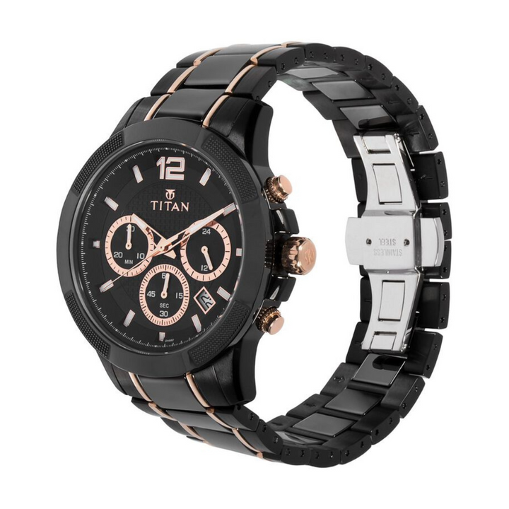 Titan Black Dial Chronograph Watch with Steel & Ceramic Strap NP90090KD02 (DH882)