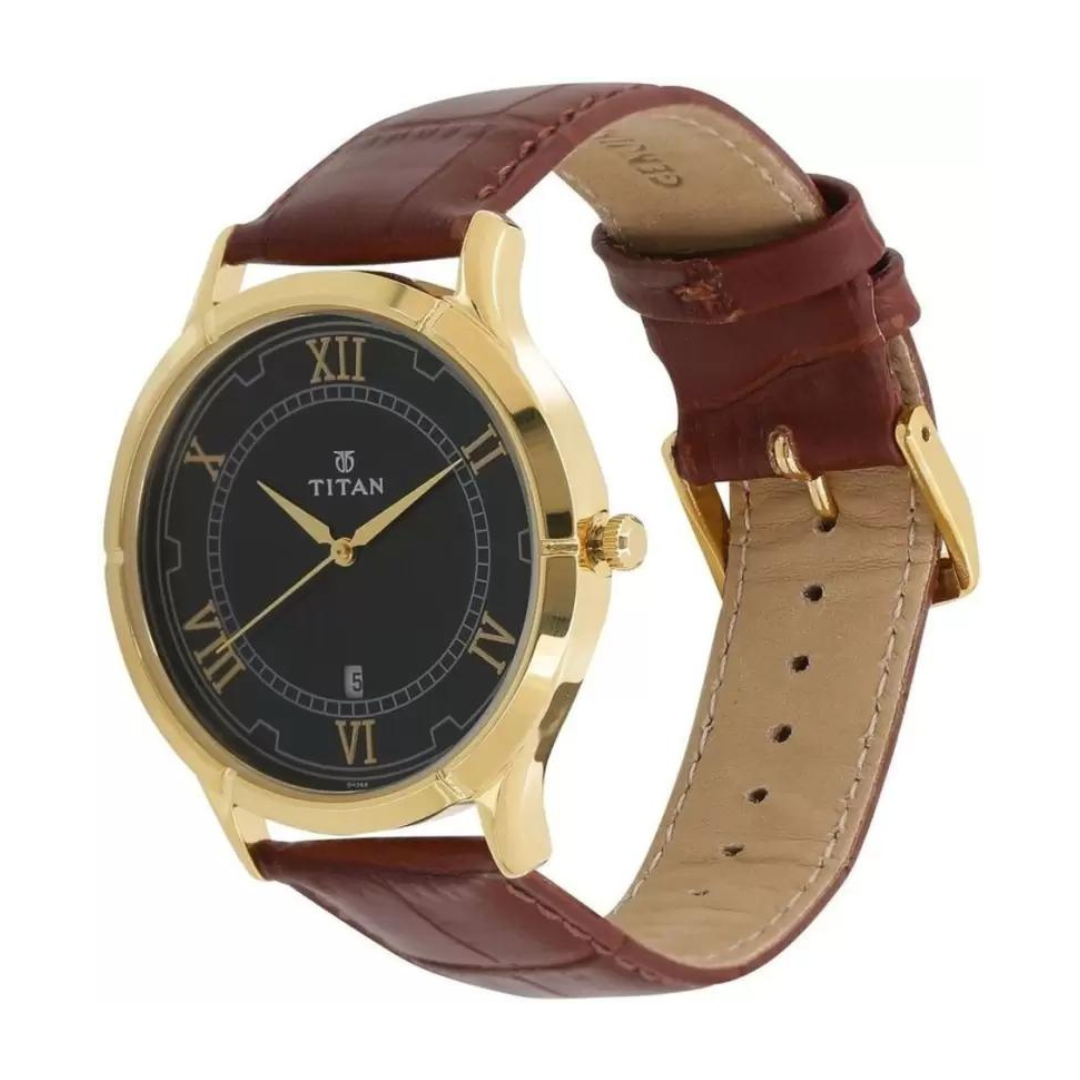 Titan Black Dial Brown Leather Strap Watch NP1775YL01 (DH368)