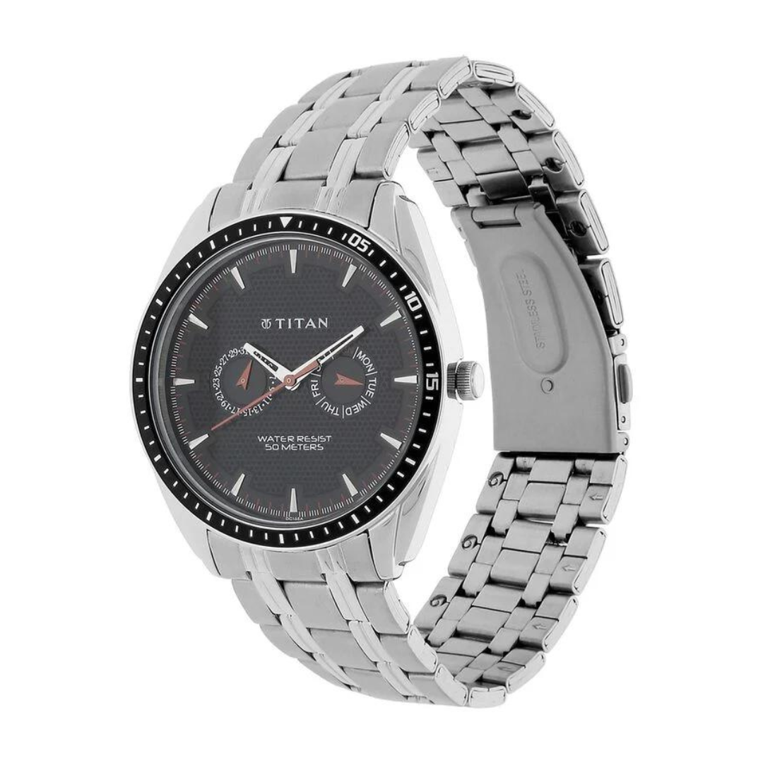 Titan Black Dial Silver Stainless Steel Strap Watch NF1582KM02