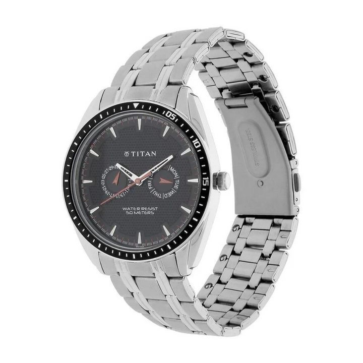 Titan Black Dial Silver Stainless Steel Strap Watch NF1582KM02