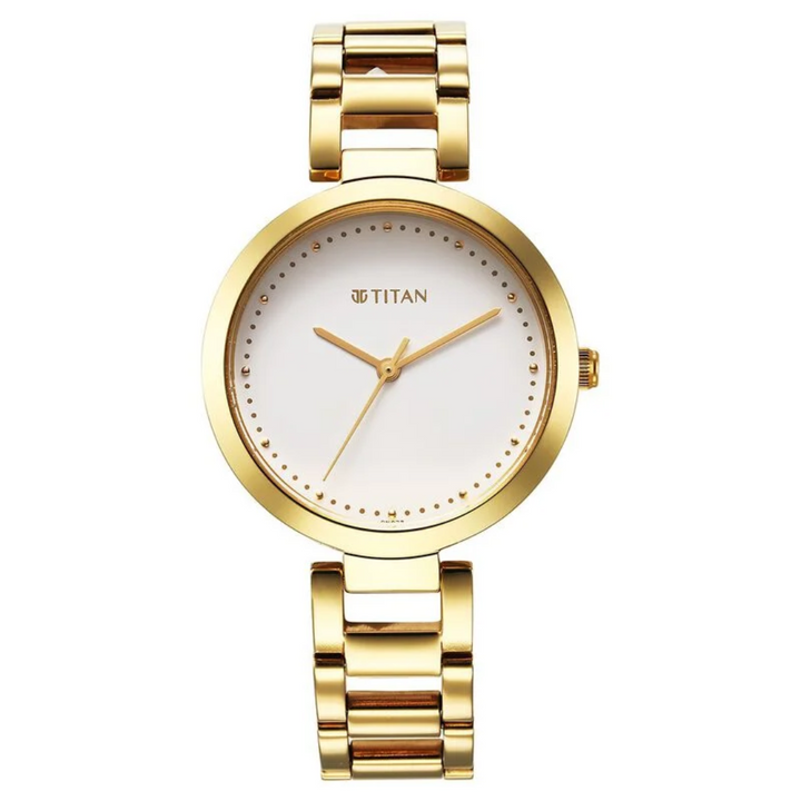 Titan Workwear Quartz Analog White Dial Golden Stainless Steel Strap Watch for Women 2480YM03 / NS2480YM03