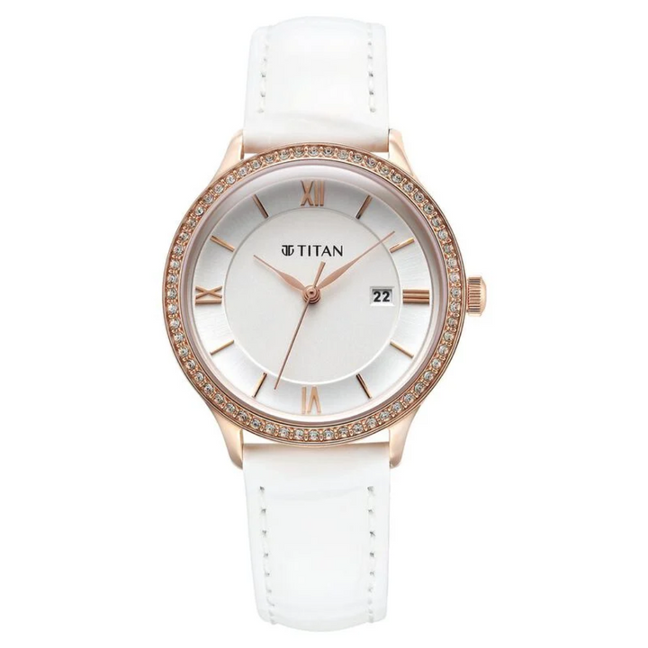 Titan Bright Leathers Silver Dial Analog with Date Leather Strap watch for Women 95247WL05 / NS95247WL05