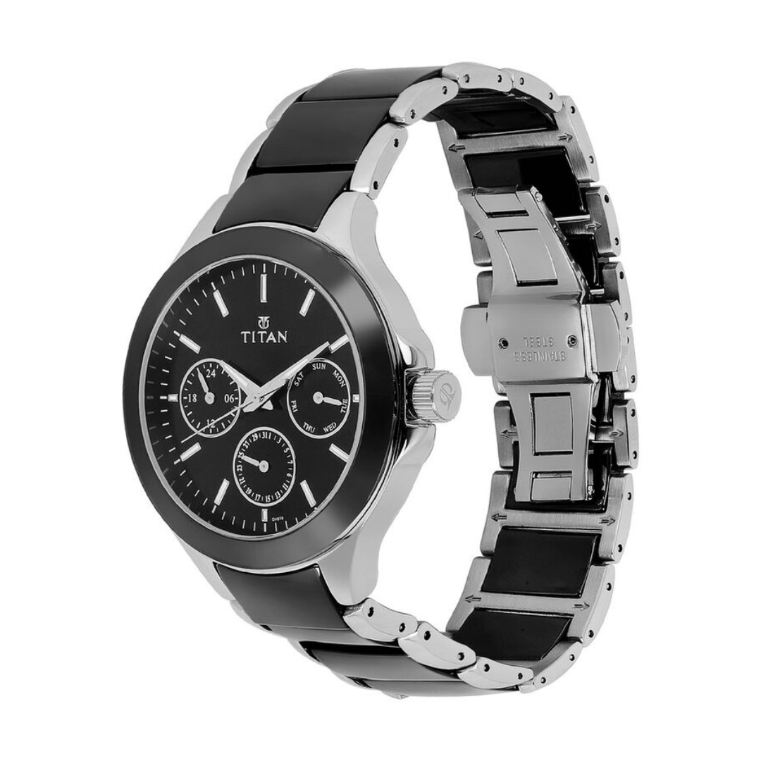 Titan Black Dial Multifunction Watch with Steel & Ceramic Strap NP90089KD01 (DH879)