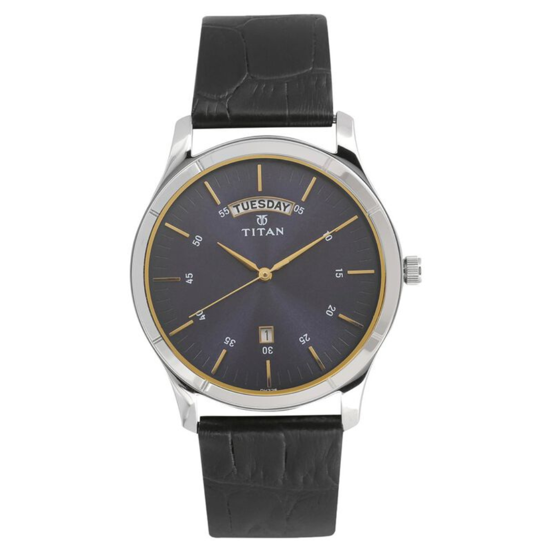 Titan Workwear Blue Dial Analog with Day and Date Leather Strap watch for Men 1768SL03 / NQ1768SL03
