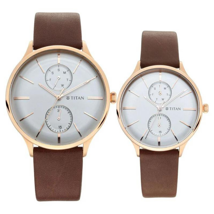 Titan Bandhan White Dial Quartz Multifunction Leather Strap watch for Couple 9400394203WL01 / NS9400394203WL01P