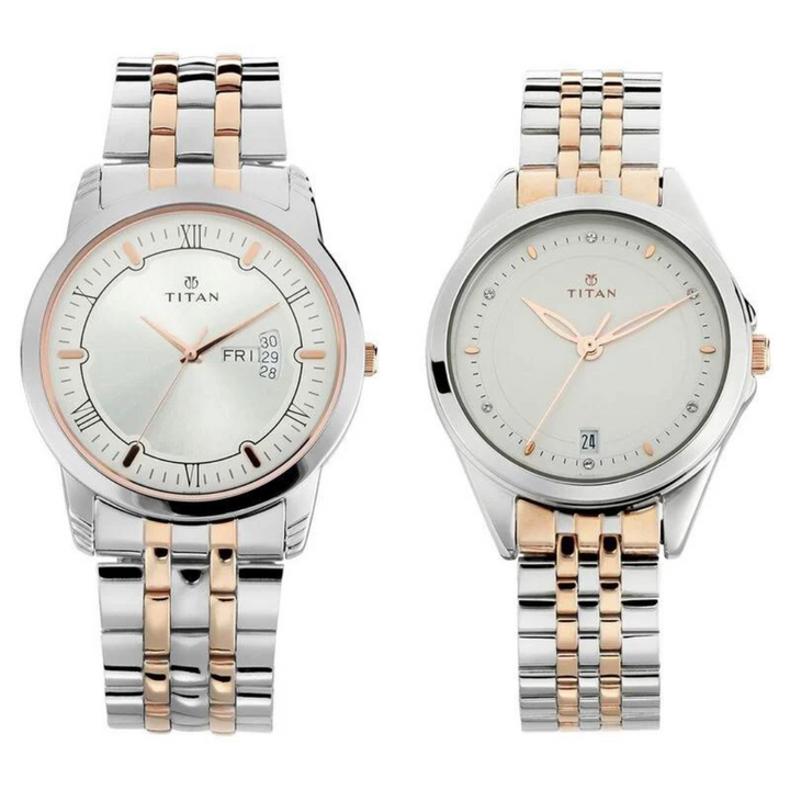 Titan Bandhan Quartz Analog with Day and Date Silver Dial Stainless Steel Strap Watch for Couple NR17742565KM01