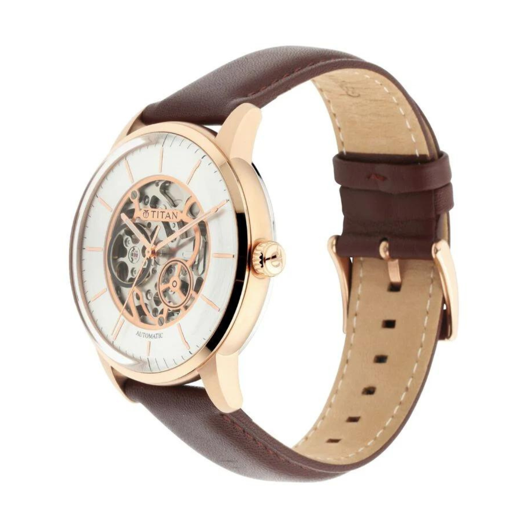 TITAN Automatic Watch with Silver White Dial & Brown Strap NP90110WL03