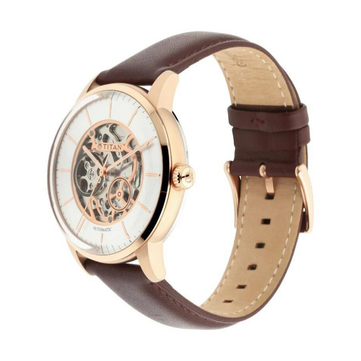 TITAN Automatic Watch with Silver White Dial & Brown Strap NP90110WL03