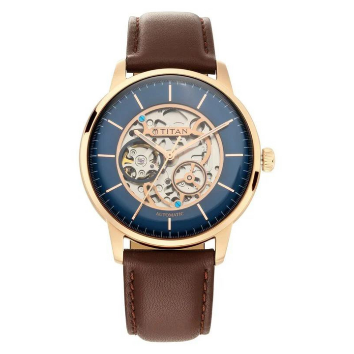 Titan Automatic Watch with Blue Dial & Brown Strap NS90110WL02