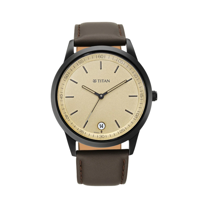 Titan Men's Timeless Style Watch: Refined Gold Dial and Leather Strap