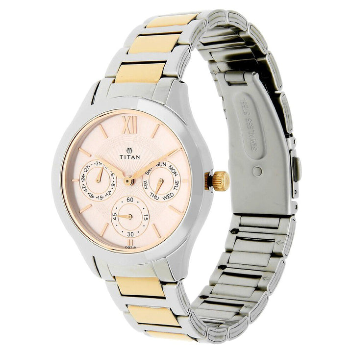 Titan Workwear Pink Dial Analog with Day and Date Stainless Steel Strap Watch for Women NS2570KM01