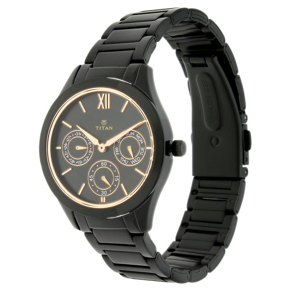 Titan Quartz Analog with Day and Date Black Dial Stainless Steel Strap Watch for Women NS2570NM01