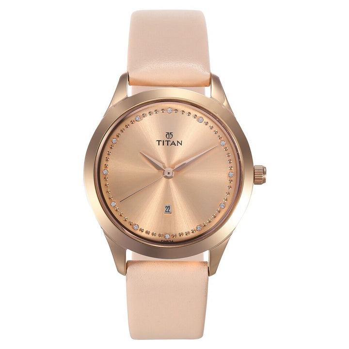 Titan Sparkle Pink Dial Analog with Date Leather Strap watch for Women NS2570WL01
