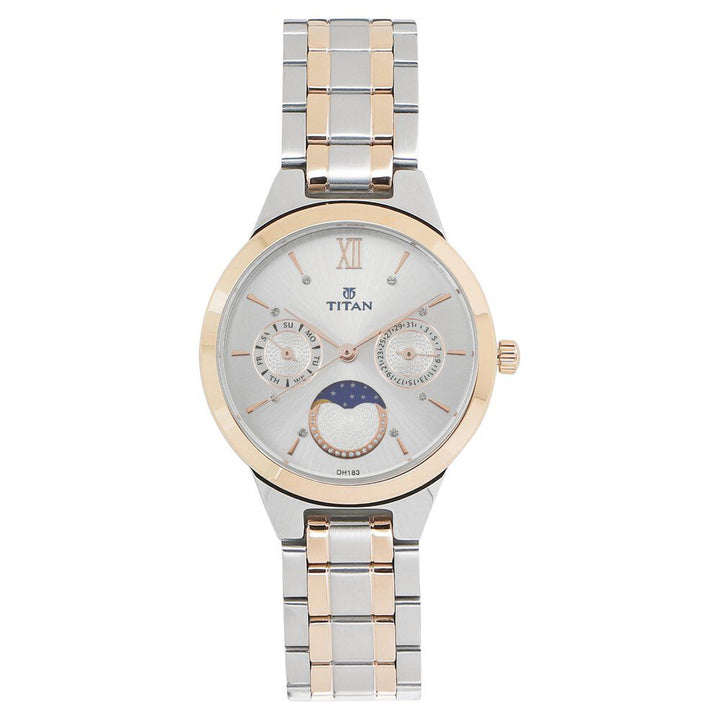 Titan Women's Elegance Moon phase Two-Tone White Dial Watch NS2590KM01