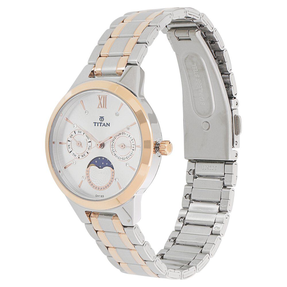 Titan Women's Elegance Moon phase Two-Tone White Dial Watch NS2590KM01