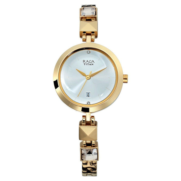 Titan Raga Viva Silver Dial Analog with Date Golden Metal Strap watch for Women NS2606YM01
