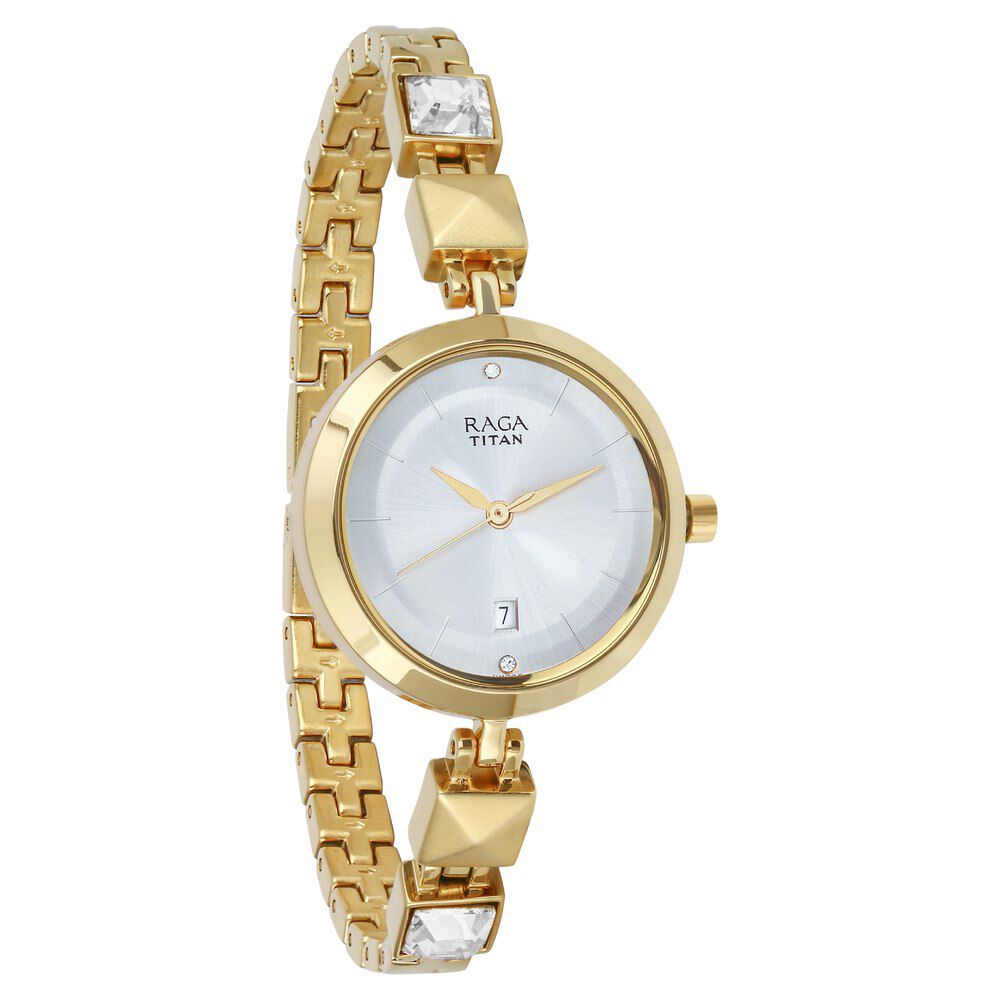 Titan Raga Viva Silver Dial Analog with Date Golden Metal Strap watch for Women NS2606YM01