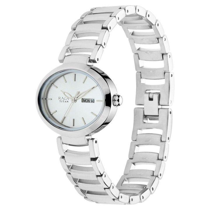 Titan Raga Viva Silver Dial Analog with Day and Date Metal Strap Watch for Women NS2620SM01