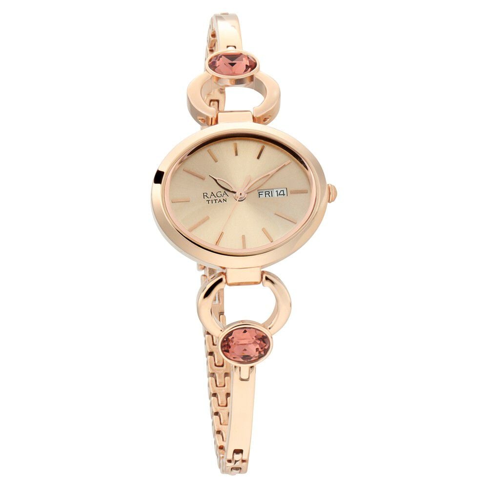 Titan Raga Viva Rose Gold Dial Analog with Day and Date Metal Strap Watch for Women NS2621WM01