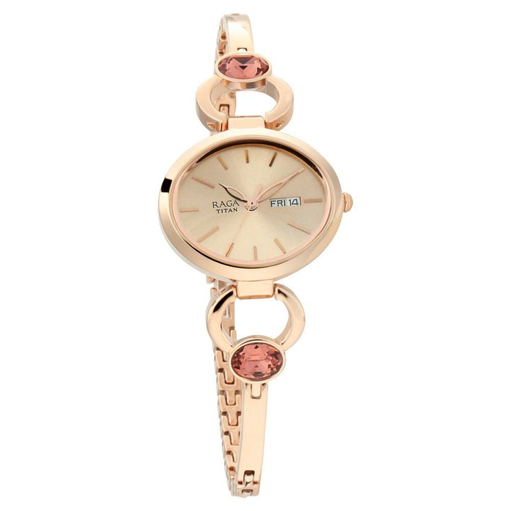 Titan Raga Viva Rose Gold Dial Analog with Day and Date Metal Strap Watch for Women NS2621WM01