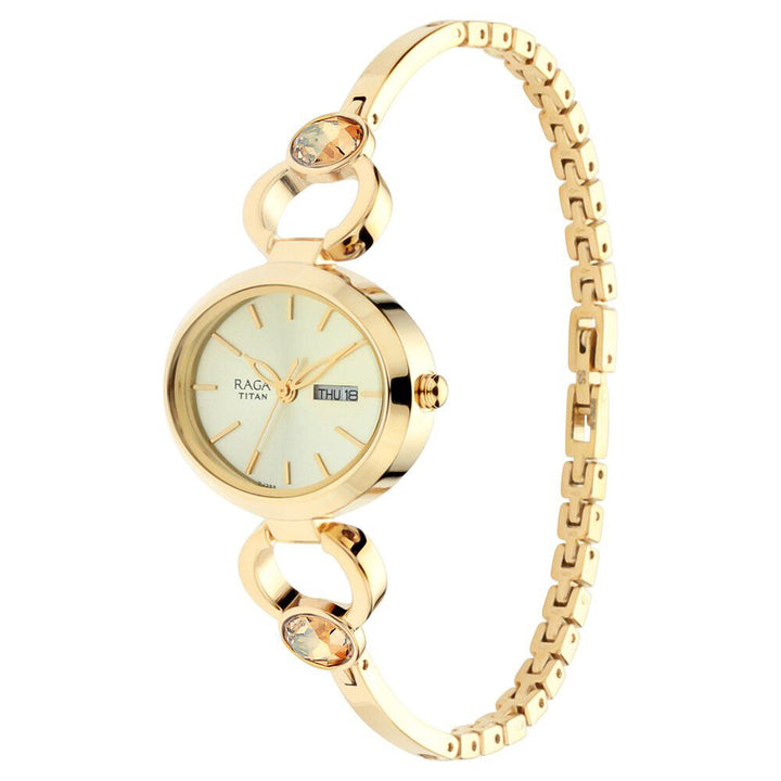 Titan Raga Viva Champagne Dial Analog with Day and Date Metal Strap watch for Women NS2621YM01