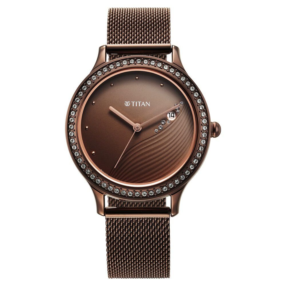 Titan Purple Glam It Up Brown Dial Analog with Date Stainless Steel Strap Watch for Women - The Watch Factory ®