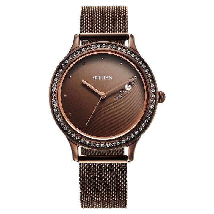 Titan Purple Glam It Up Brown Dial Analog with Date Stainless Steel Strap Watch for Women - The Watch Factory ®