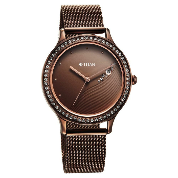 Titan Purple Glam It Up Brown Dial Analog with Date Stainless Steel Strap Watch for Women - The Watch Factory ®