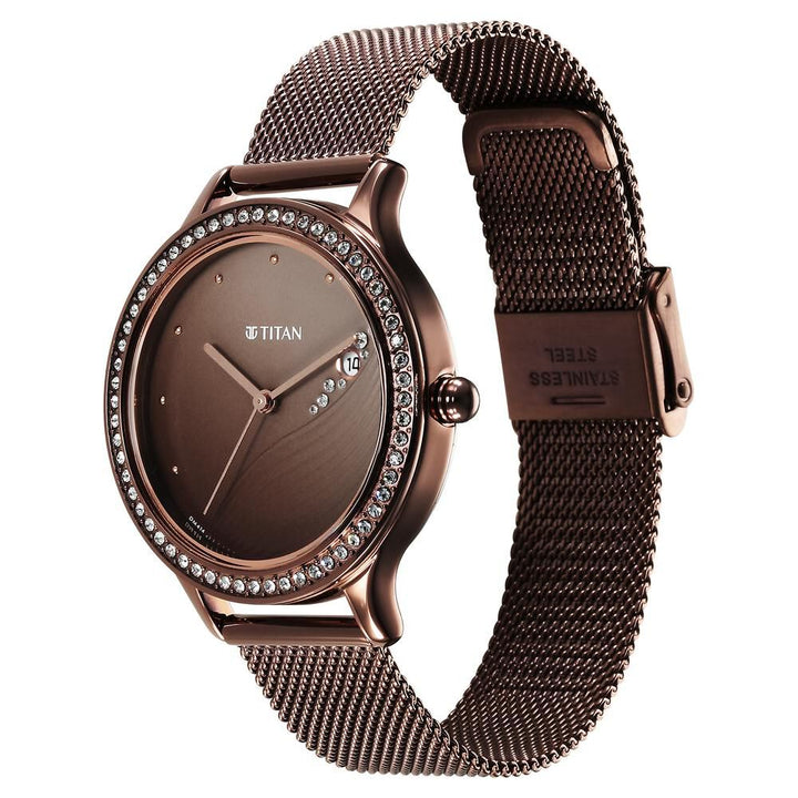 Titan Purple Glam It Up Brown Dial Analog with Date Stainless Steel Strap Watch for Women - The Watch Factory ®