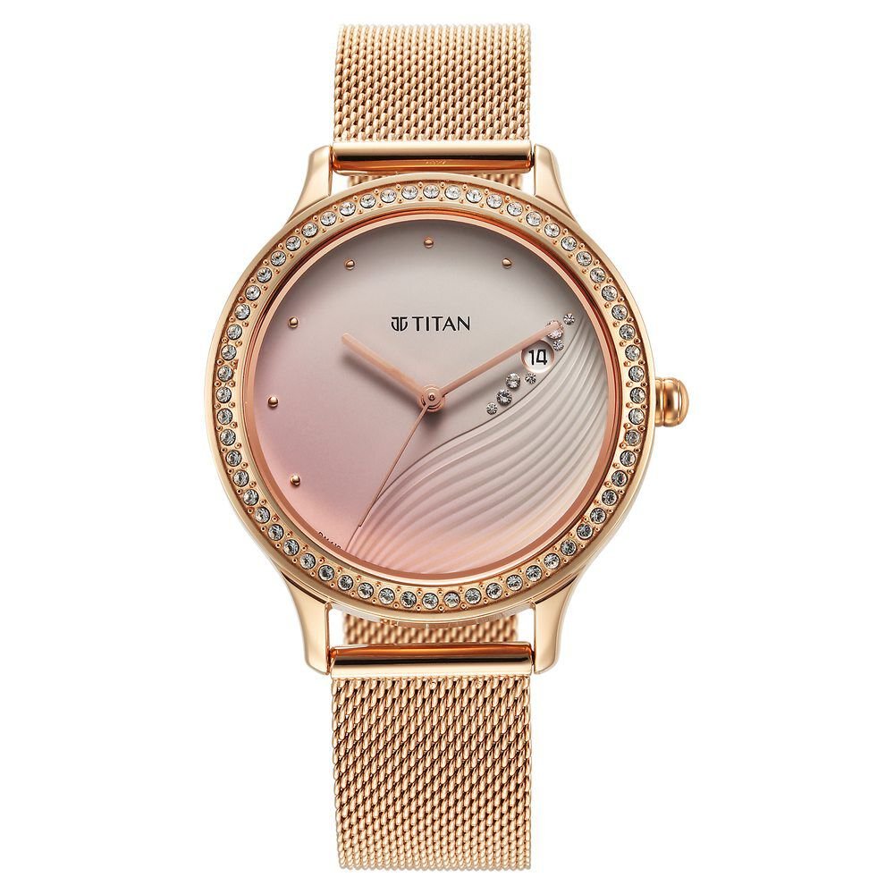 Titan Purple Glam It Up Pink Dial Analog with Date Stainless Steel Strap Watch for Women - The Watch Factory ®