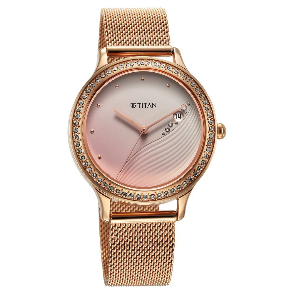 Titan Purple Glam It Up Pink Dial Analog with Date Stainless Steel Strap Watch for Women - The Watch Factory ®